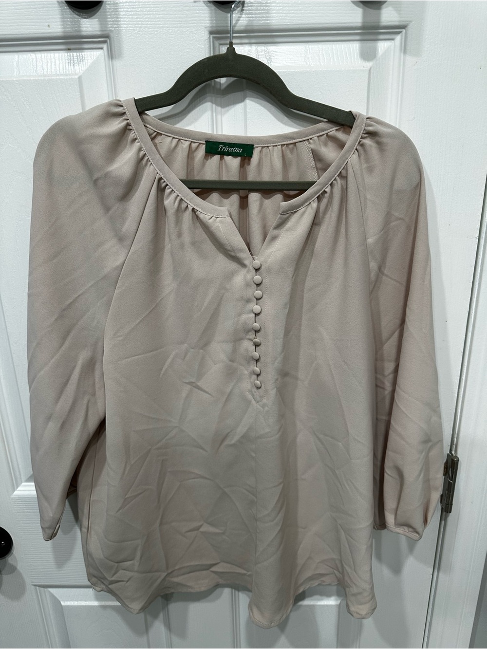 Triratna Taupe Button-Front Peasant Blouse